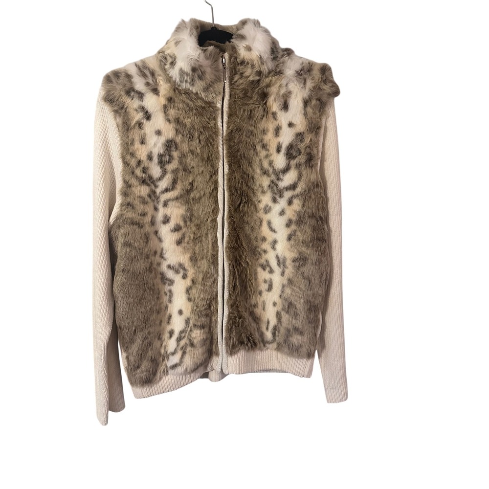 Antthony Faux Fur Leopard Print Zip Up Sweater Jacket‎ Women's Cream Knit NWT
